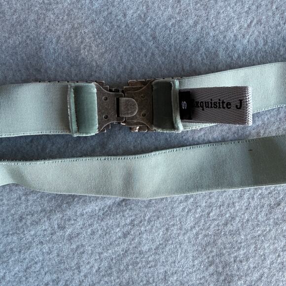 Exquisite J vintage inspired belt - rhinestone buckle velvet stretch teal size S - Picture 4 of 6